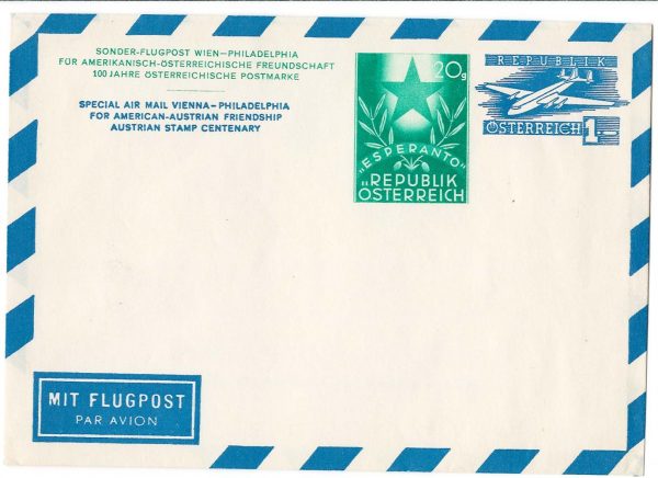 Austria 1950 20g Esperanto + 1s plane airletter special Flight Vienna-Philadelphia