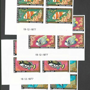 Wallis & Futuna 1978 Fish set, IMPERF, as sg278/81 in um corner blocks of 4