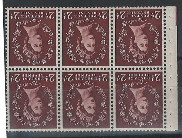 GB 1955 Edward 2d red-brown inverted wmk booklet pane of 6, 5x um v good perfs