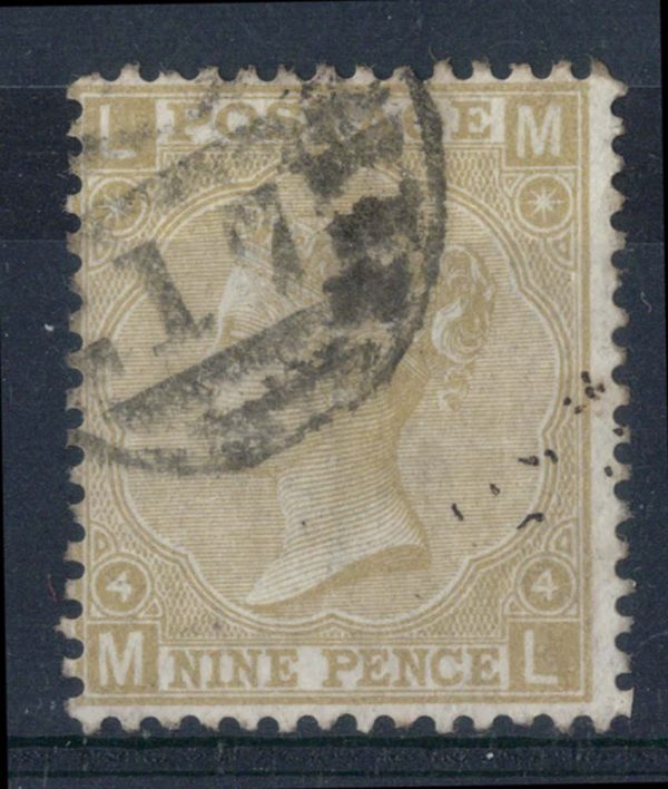 GB 1867 9d pale straw wmk spray sg111 vfu, sg# written on back c£300