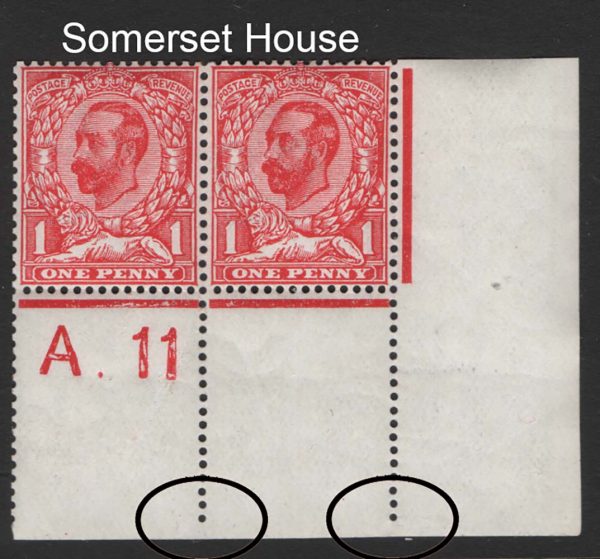 GB 1911 1d die 1b wmk crown sg329 um A.11 corner pair, perf type 2A