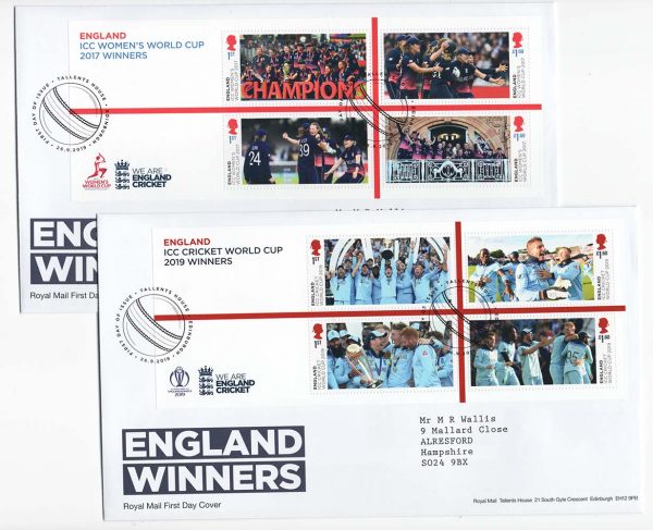 GB 2019 England Winners, Men's Cricket m/sheet FDC - fine, ditto Women's Cricket