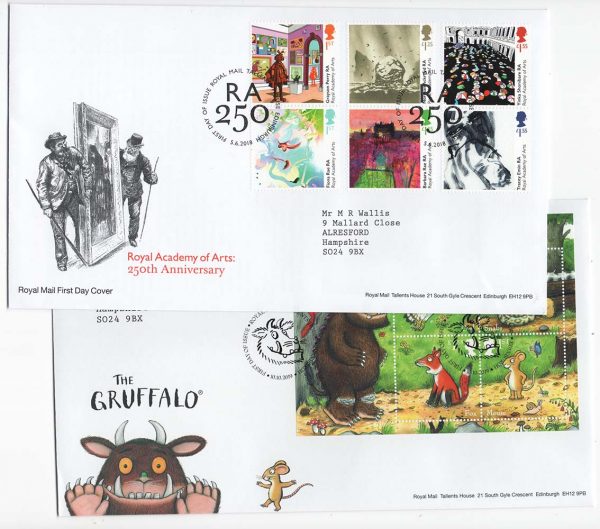GB 2018 Royal Academy of Arts FDC - fine sg4093-98, also 2019 Gruffalo m/sh