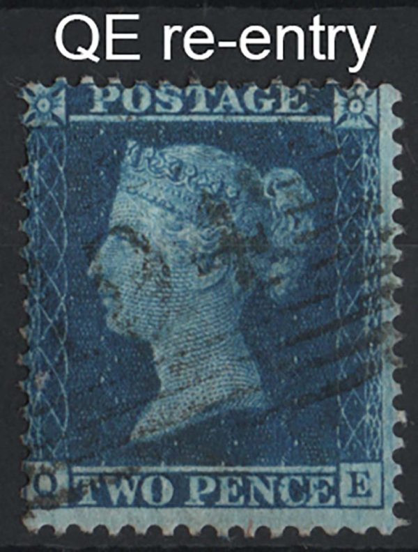 GB 1854 2d blue wmk large crown perf 14 plate 6 QE re-entry vfu Spec F7d