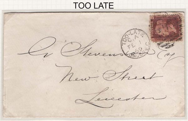 GB 1858 Too Late: 1d plate 96 on neat 1859 cover to Leicester
