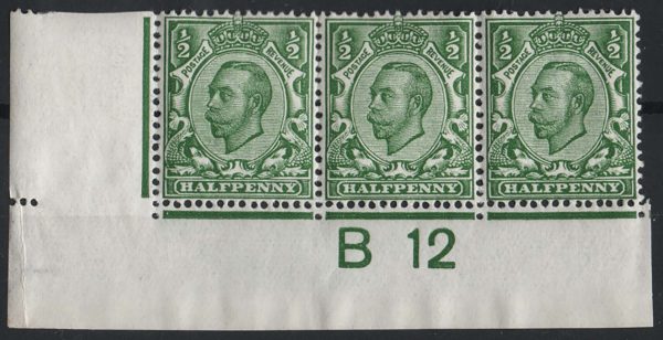 GB 1911 ½d green die 2 wmk crown sg339 B12(c) corner strip of 3, perf type 2