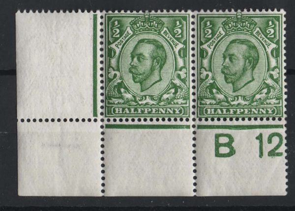 GB 1911 ½d green die 2 wmk crown sg339 B12(c) corner strip of 3, perf type 2A