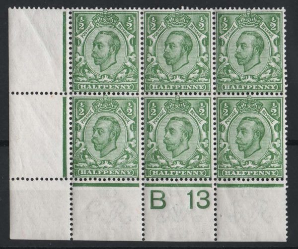 GB 1911 ½d green die 2 wmk simple cypher sg344 B13 corner blk of 6, perf type 2A
