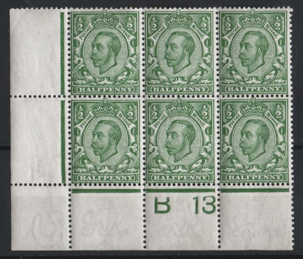 GB 1911 ½d green die 2 wmk simple cypher sg344 B13 corner blk of 6, perf type 2A