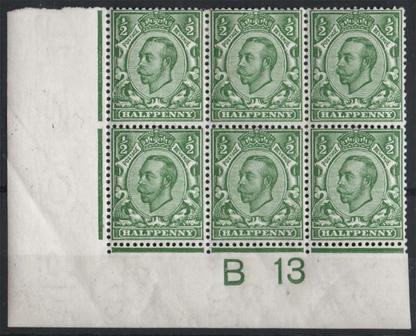 GB 1911 ½d green die 2 wmk simple cypher sg344 B13 corner blk of 6, perf type 2