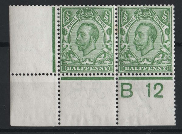 GB 1911 ½d pale green die 2 wmk simple cypher sg344 Spec N5(2) B12 corner pair