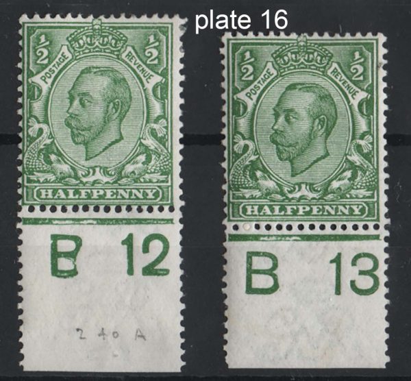 GB 1911 ½d green die 2 wmk simple cypher sg344 B13 plate 16 single f mint