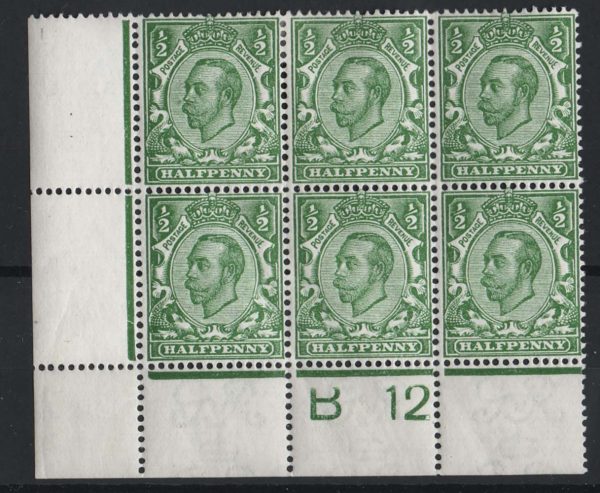 GB 1911 ½d green die 2 wmk simple cypher sg344 B12(w) corner blk of 6 vf m