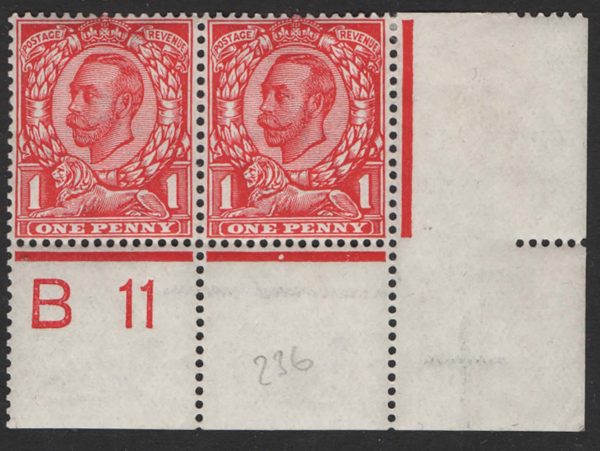 GB 1911 1d scarlet die 2 wmk crown sg341 B11 corner pair, perf type 2A plate 8b