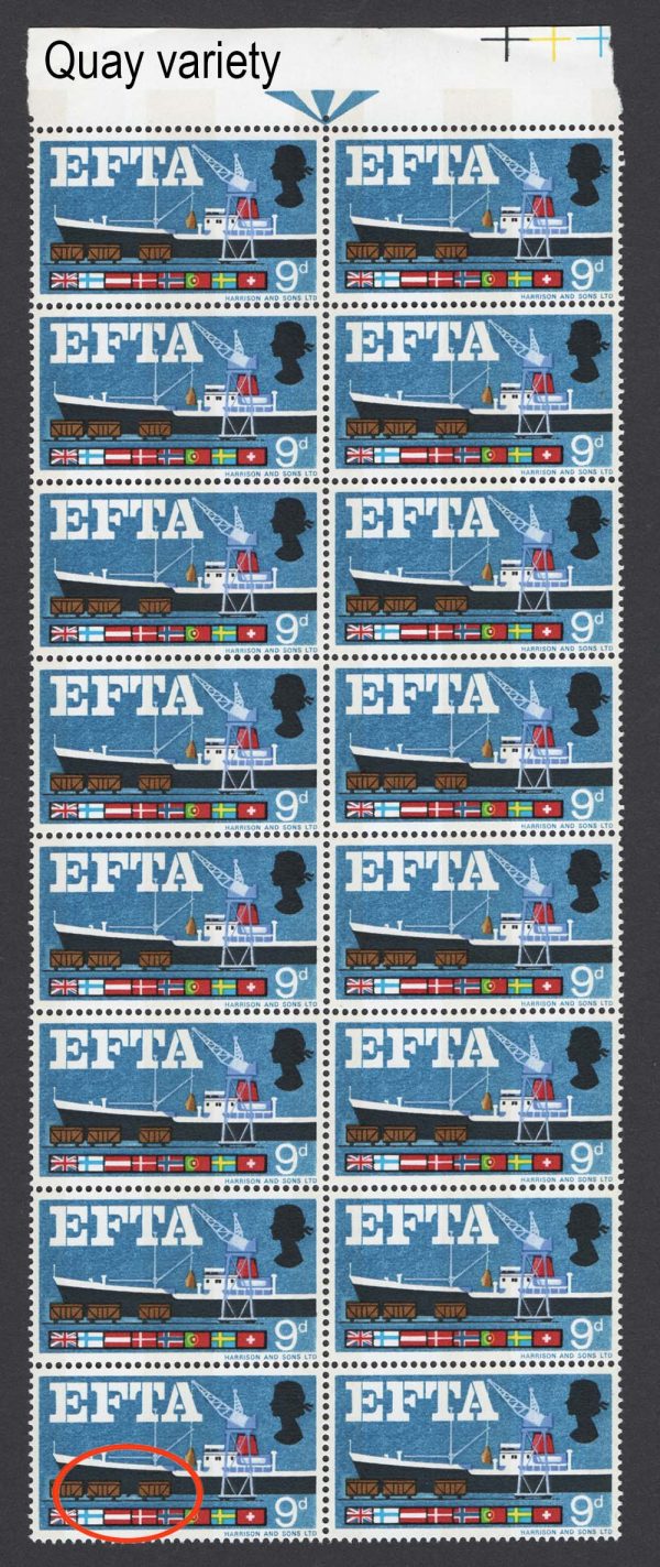 GB 1967 EFTA 9d phosphor r8/3 Quay flaw in um positional blk of 16 sg715p