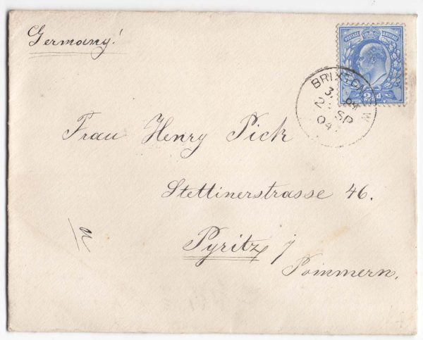 GB 1902 2½d sg230 vfu on very neat cover to Germany, fine Brixton 1904 cds