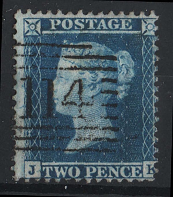GB 1854 2d blue large crown perf 14 plate 5 JK sg34 vfu c£70