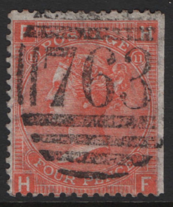 GB 1865 4d vermilion plate 11 sg94, trimmed wing margin otherwise vfu
