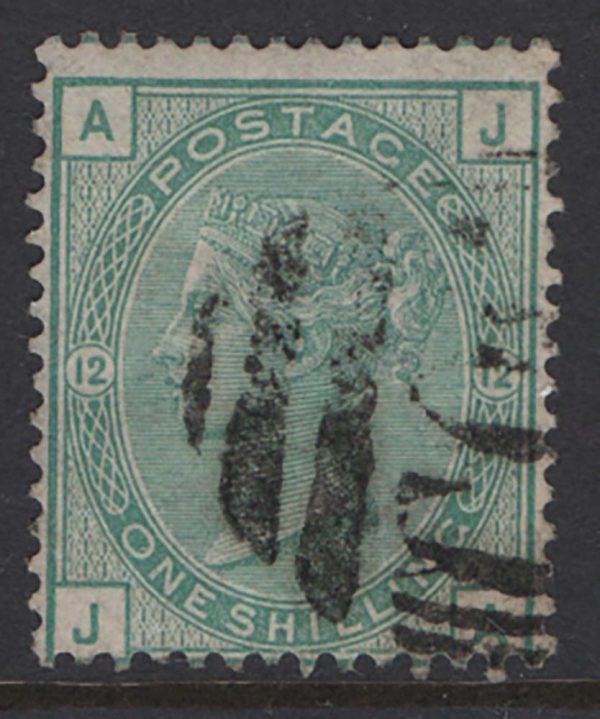 GB 1873 1s green plate 12 sg150 fu, possibly used abroad c£160