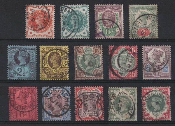 GB 1887 ½d - 1s (both) Jubilee set of 14 vfu cds, several partly on piece