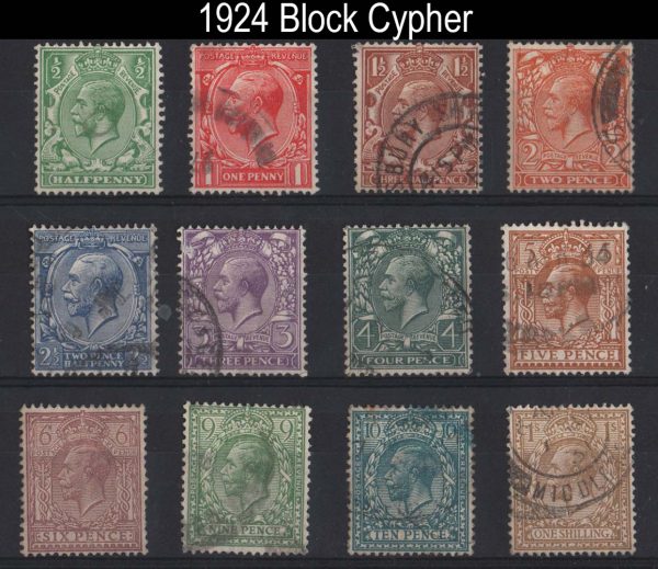 GB 1924 ½d - 1s Block Cypher set of 12 sg418-429 fu cds