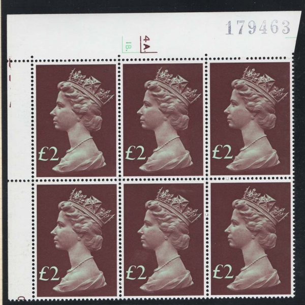 GB 1977 Machin £2 cyl 4A1B dot corner block of 6 um sg1027