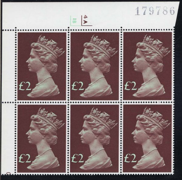 GB 1977 Machin £2 cyl 4A1B no dot corner block of 6 um sg1027