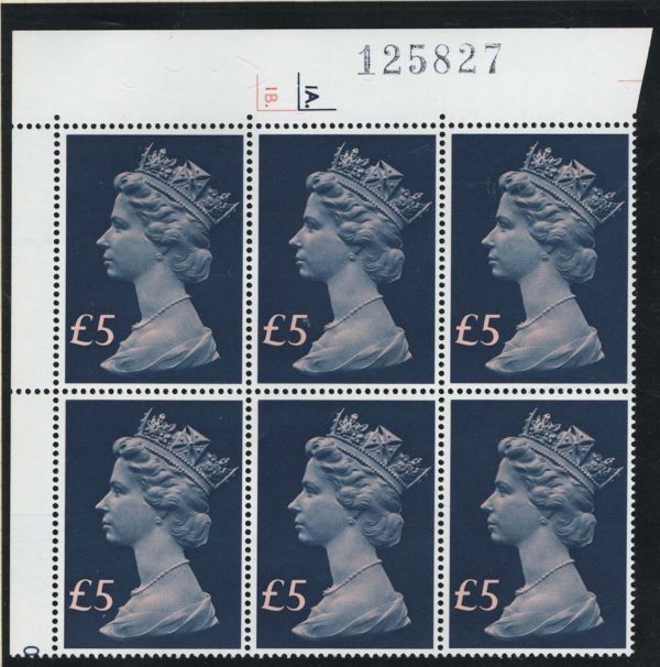 GB 1977 Machin £5 cyl 1A1B dot corner block of 6 um sg1028