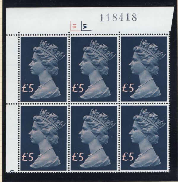 GB 1977 Machin £5 cyl 1A1B no dot corner block of 6 um sg1028