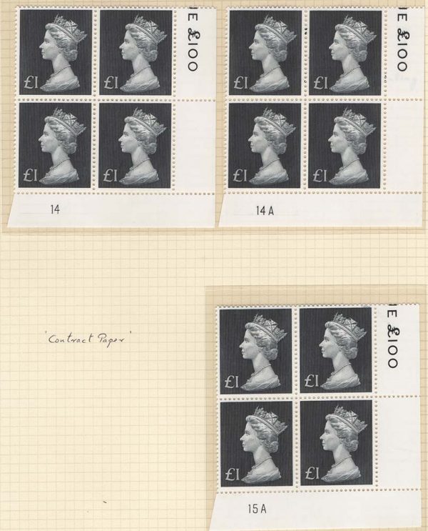 GB 1970 Machin £1 um plate block of 4: plates 14, 14A, 15 sg831b