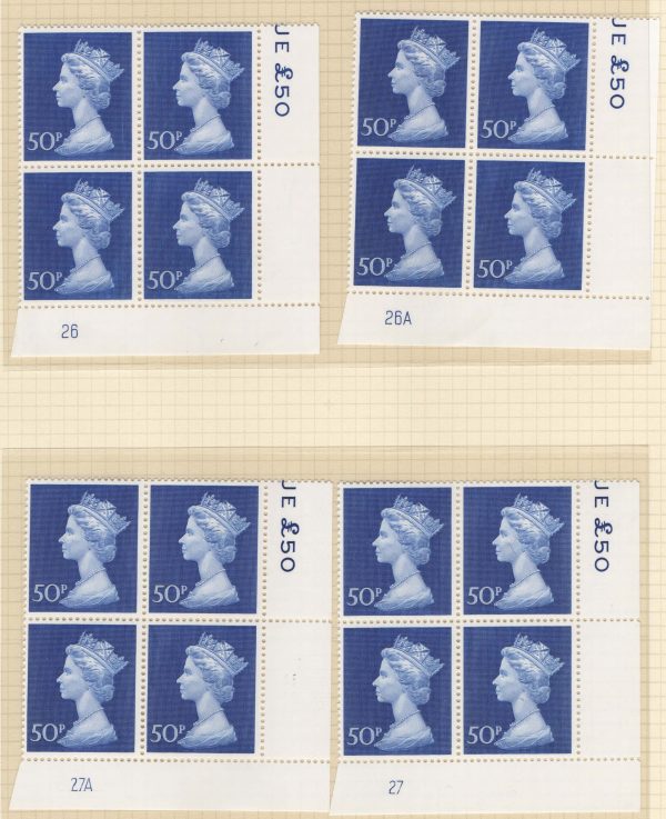 GB 1970 Machin 50p um plate block of 4: plates 26, 26A, 27, 27A sg831