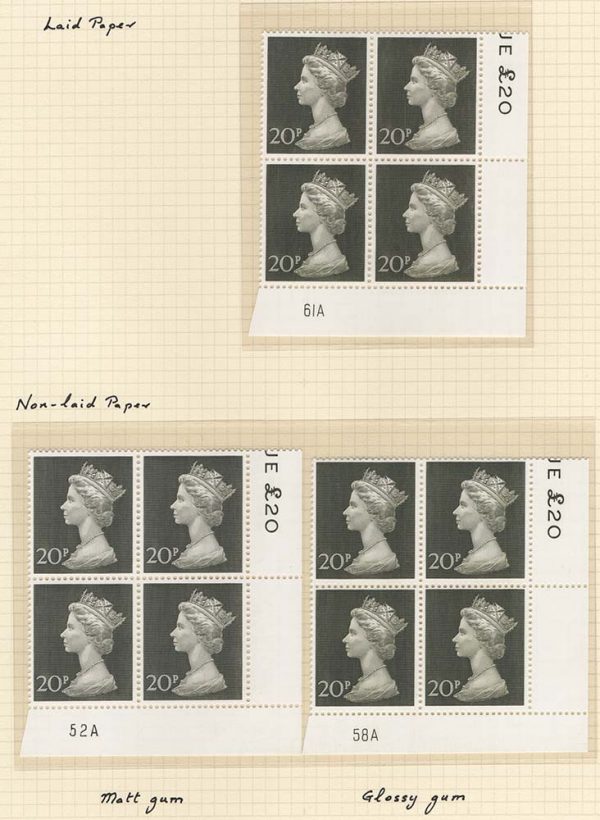 GB 1970 Machin 20p um plate block of 4: plates 52A, 58A, 61A contractor's paper