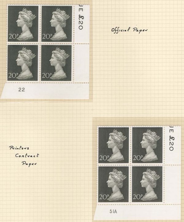 GB 1970 Machin 20p um plate block of 4: plates 22, 51A sg830