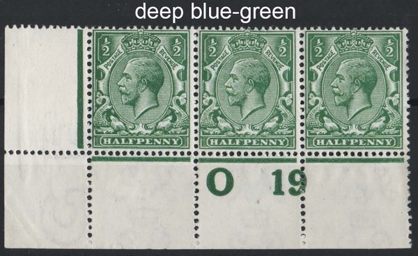 GB 1912 ½d deep blue-green control O19(P) corner strip of 3 vf mint (2x um)