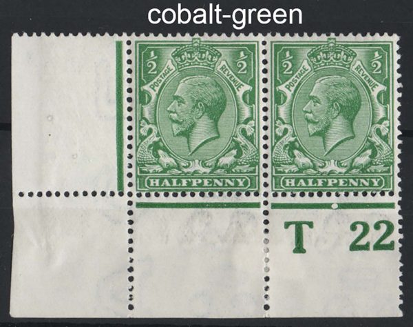 GB 1912 ½d cobalt-green control T22(P) plate 71 corner pair, 1x um