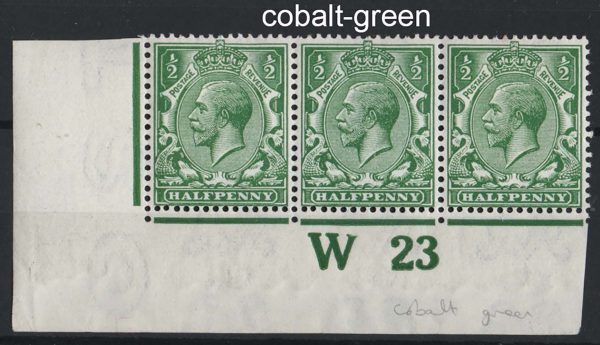 GB 1912 ½d cobalt-green control W23 corner strip of 3, 1x um, sg356var