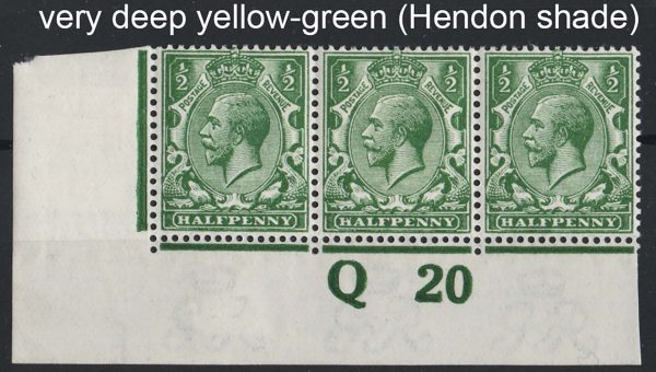 GB 1912 ½d very deep yellow-green (Hendon listed shade) control Q20 corner strip