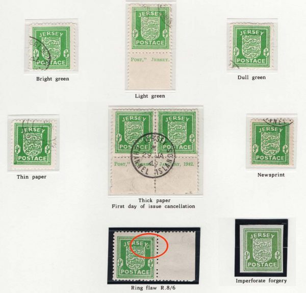 Jersey 1941 Wartime Arms ½d x7 fu (shades, etc) incl imprint pair cancelled