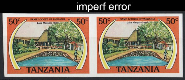 Tanzania 1978 50c Game Lodge as sg243 um but imperf, marginal pair