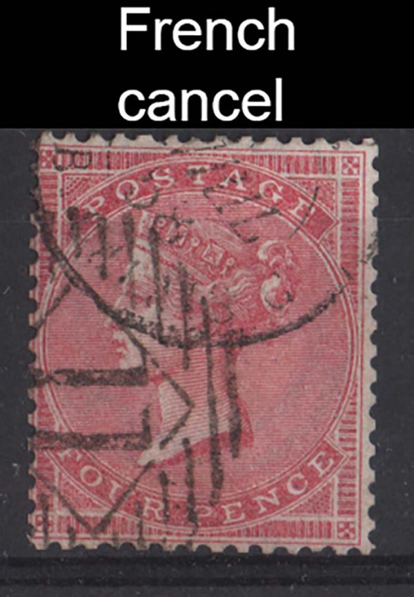 GB 1855 4d rose-carmine, large garter sg66 fu cancelled by French cds