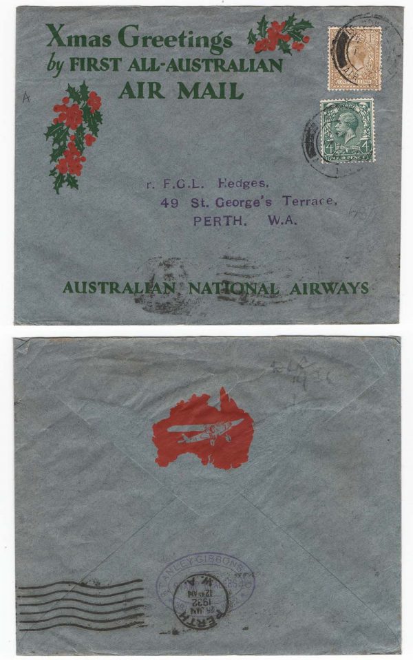 GB 1932 Christmas Greetings - 1st FLIGHT COVER - GB / AUSTRALIA: MULLER # 204