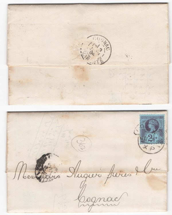 GB 1887 2½d Jubilee sg201 fu on neat 1894 EL to Cognac, hooded London code
