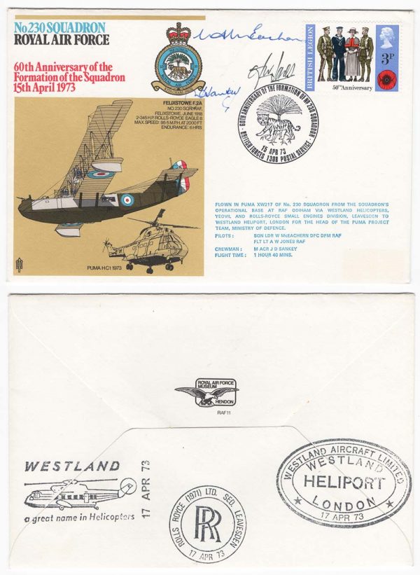 GB 1973 RAF11 No.230 Squadron RAF Standard Cover, signed, Westland Heliport