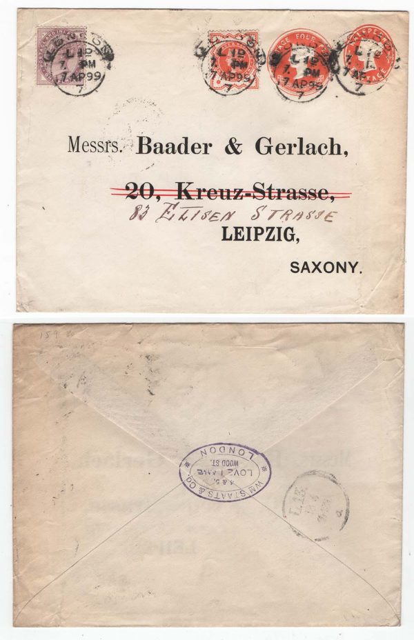 GB 1899 Printed to Private Order 4½d stationery envelope ½d + 4d orange
