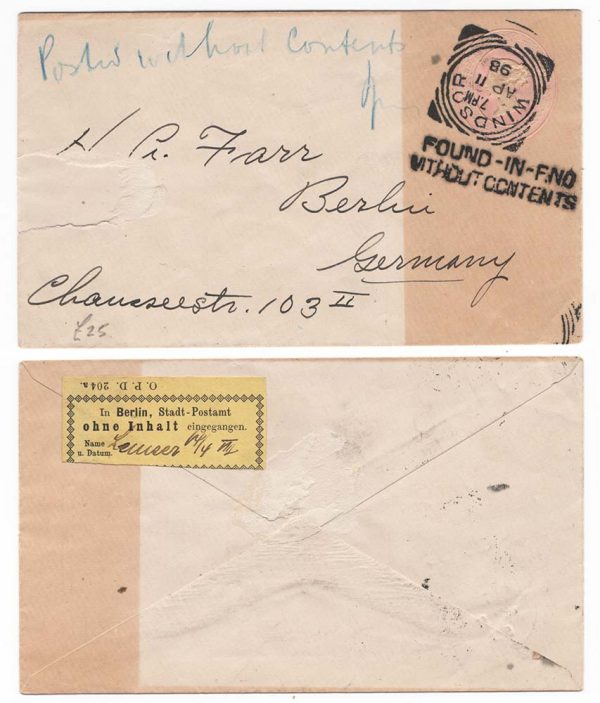 GB 1898 1d pink envelope Windsor to Berlin, v fine Found-in-F.NO/Without