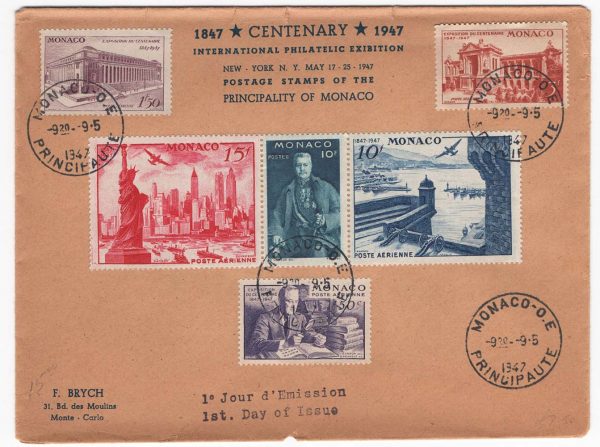 Monaco 1947 Stamp Centenary International Philatelic Exhibition illust FDC