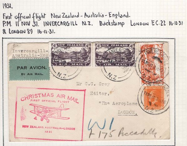 New Zealand 1931 FFC Invercargill, NZ-London 11.11.31 fine Christmas airmail