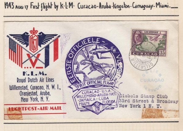 Netherlands Antilles 1943 FFC Curacao KLM censored First Flight Cover to NYC