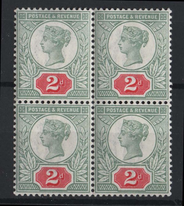 GB 1887 2d green & carmine sg200 fine um blk of 4, fine colour