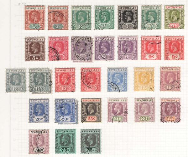 Seychelles 1921 Script wmk vfu range to 75c plus extra shades (see scan)